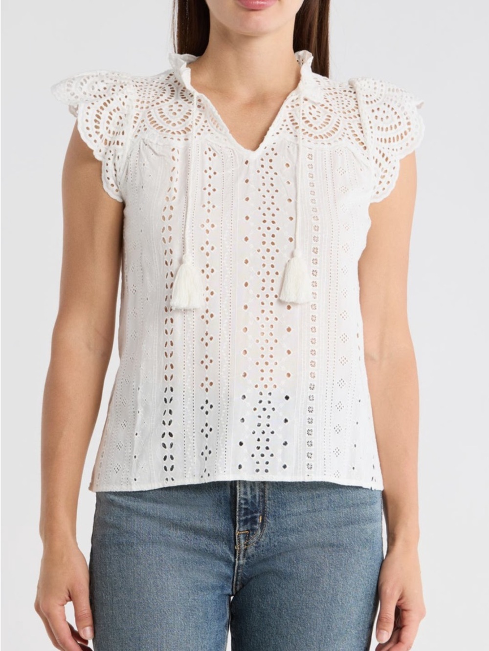 T Tahari Embroidered Eyelet Cap Sleeve Top White Medium NWT